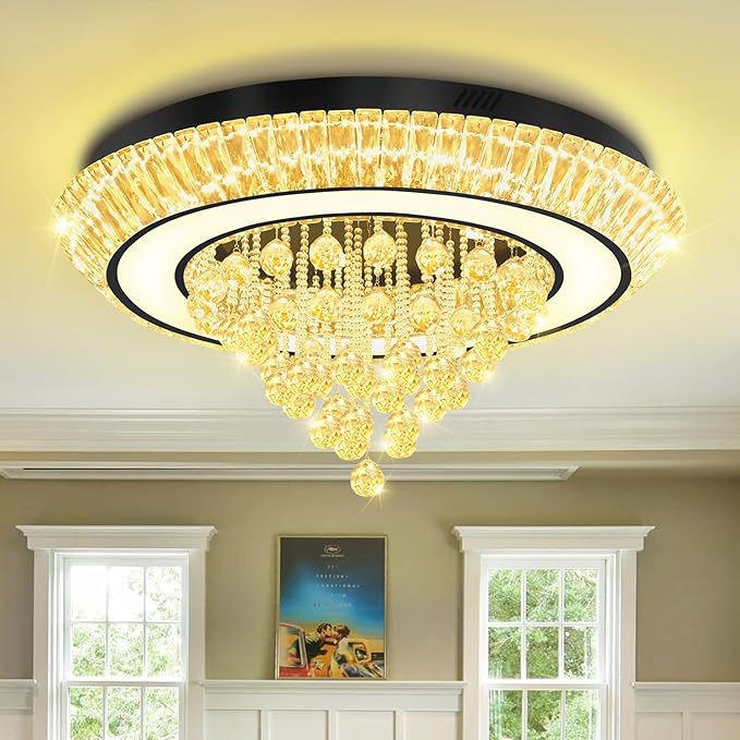 32in Black Crystal Raindrop Chandelier Crystal Flush Mount Ceiling Light Modern Led Luxury Chandelier,Raindrop Chandeliers for Dining Room, Living Room