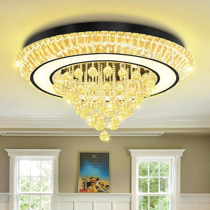 32in Black Crystal Raindrop Chandelier Crystal Flush Mount Ceiling Light Modern Led Luxury Chandelier,Raindrop Chandeliers for Dining Room, Living Room