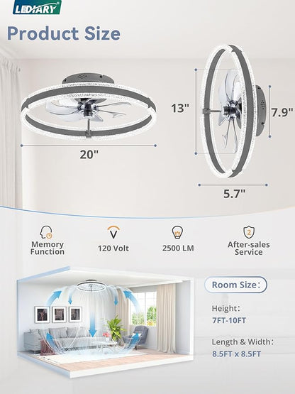 LEDIARY Ceiling Fans with Lights and Remote, 20'' Low Profile Ceiling Fan with Light, 3000-6000K Dimmable Fandelier Ceiling Fans, Modern Flush Mount Fan Light for Bedroom with 6 Wind Speeds-Sandy Gray