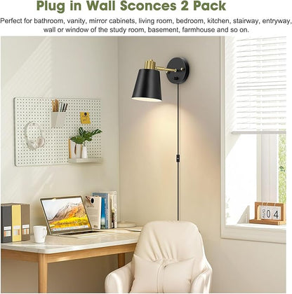 Lomoky Plug in Wall Sconces Set of 2, Dimmable Wall Lights with Plug in Cord and Dimmer On/Off Knob Switch, Adjustable Angle Black Wall Mounted Lamp for Bedside Bedroom Living Room (2 Bulbs Included)