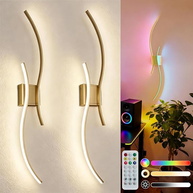 DORESshop Battery Operated Wall Sconces Set of 2, Battery Wall Sconce 8000mAh, Gold Rechargeable Sconces 3CCT + RGB, 39 Inch Modern Wireless Wall Lights, Sconce Wall Decor for Bedroom, Living Room