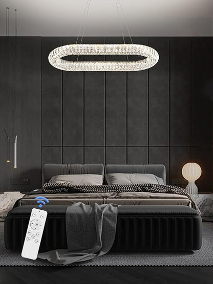 Crystal Ring Chandelier, 31.5'' Chrome Crystal Ring Pendant Light for Kitchen Island Modern Linear Oval Chandeliers for Dining Room Dimmable 3000K-6000K
