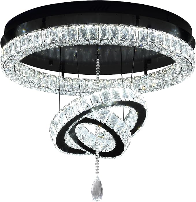Flashing God Dia 32'' Modern Chandeliers for Living Room Crystal Flush Mount Ceiling Chandelier Large Chandeliers for Dining Room Bedroom LED Dimmable 3000-6000K Black