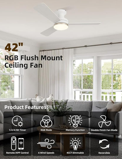 42" RGB Ceiling Fan with Light, Music Sync Smart Fan with Alexa/Google/App Control, Low Profile Flush Mount, 6-Speed Quiet DC Motor, 4 CCT Dimmable Lighting for Bedroom, Champagne Gold