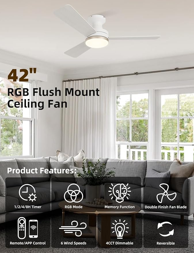 42 inch RGB Ceiling Fan with Light, Smart App & Remote Control Low Profile Flush Mount, Music Sync Lighting, 6-Speed Quiet Reversible DC Motor, 4CCT Dimmable for Home Office Party