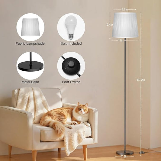 SIBRILLE Floor Lamp with Pleated Shade, 62" LED Dimmable Standing Lamp with Foot Switch, Color Options, 9W E26 Bulb Included, Modern Reading Light for Living Room Bedroom Office Corner, Black