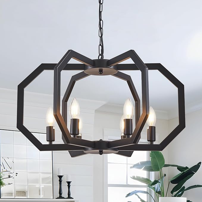 Lanhall 6 Light Farmhouse Chandelier Black Dining Room Light Fixture Modern Rustic Geometric Hanging Pendant Light for Living Room, kitchen Island, Foyer, Entryway, Hallway, Stairway Adjustable Height