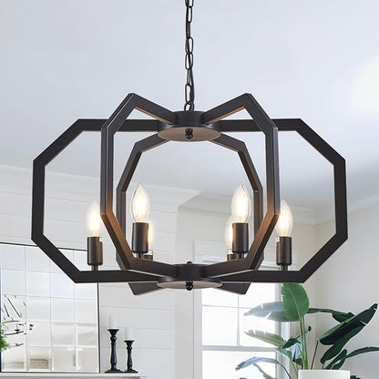 Lanhall 6 Light Farmhouse Chandelier Black Dining Room Light Fixture Modern Rustic Geometric Hanging Pendant Light for Living Room, kitchen Island, Foyer, Entryway, Hallway, Stairway Adjustable Height