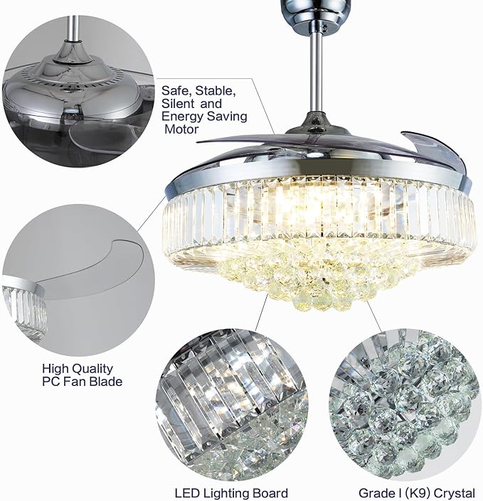 DuMaiWay 52" Dimmable Chandelier Ceiling Fan with Lights, Fandelier, Retractable Crystal Ceiling Fan Chandelier with Remote Control LED Light for Bedroom Living Room Polished Chrome 6 Speed