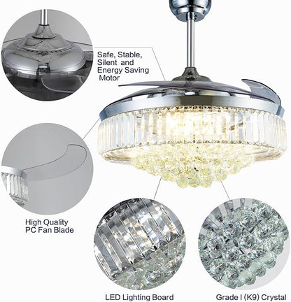 DuMaiWay 52" Dimmable Chandelier Ceiling Fan with Lights, Fandelier, Retractable Crystal Ceiling Fan Chandelier with Remote Control LED Light for Bedroom Living Room Polished Chrome 6 Speed