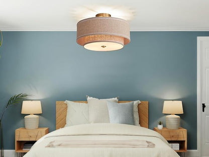 Shrine Lighting Double Drum Ceiling Light, Perfect Drum Light Fixture for Dining Room, D16'' x H7'', E12*3 Sockets, Beige Linen Fabric Lampshade & Gold Rod