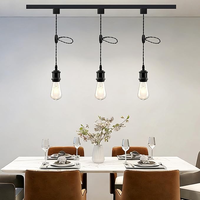 Universal H-Type Track Pendant Lighting Kit with 3 Bulbs, 3-Pack Black Hanging Track Lighting Fixtures, 4000K Natural Light, E26 Base for Kitchen Island, Dining Room & Living Area