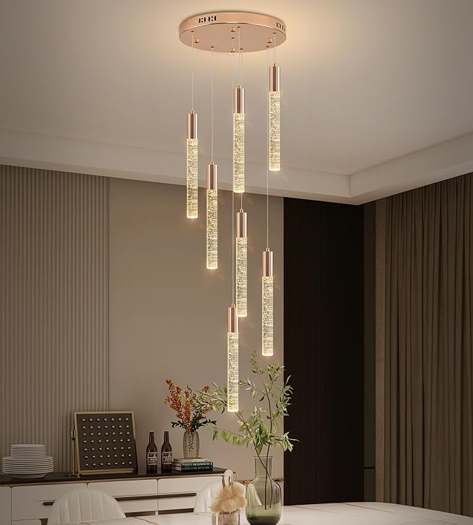 7-Lights High Ceiling Crystal Chandelier, Modern LED Raindrop Pendant Light Fixture 60" H Flush Mount Chandelier Gold for Foyer Staircase Living Room