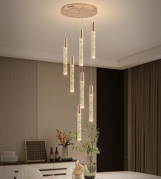 7-Lights High Ceiling Crystal Chandelier, Modern LED Raindrop Pendant Light Fixture 60" H Flush Mount Chandelier Gold for Foyer Staircase Living Room