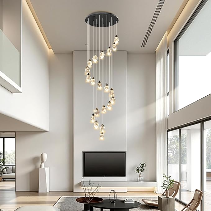 Crystal LED High Ceiling Chandelier: Remote Dimmable Long Pendant Light Fixtures - Spiral Drop Flush Mount Sloped Ceilings Modern Chandeliers For Entryway Living Room Foyer Staircase Stairs 20 Lights