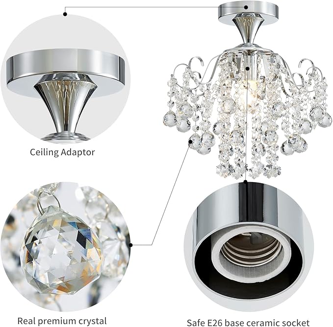 WUZUPS Crystal Chandelier Flushmount Ceiling Light Modern Lighting Fixture for Bedroom Hallway Bar Kitchen Bathroom, H 13.4" x W 12.6", E26 Base, Chrome