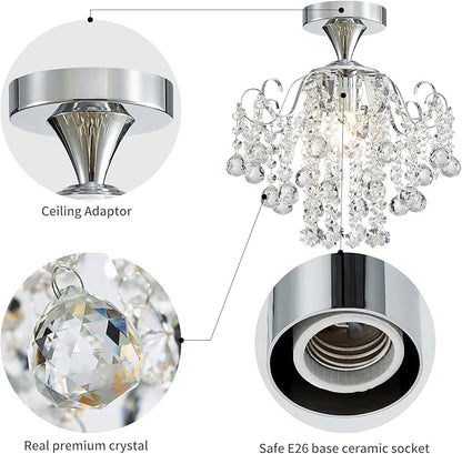 WUZUPS Crystal Chandelier Flushmount Ceiling Light Modern Lighting Fixture for Bedroom Hallway Bar Kitchen Bathroom, H 13.4" x W 12.6", E26 Base, Chrome