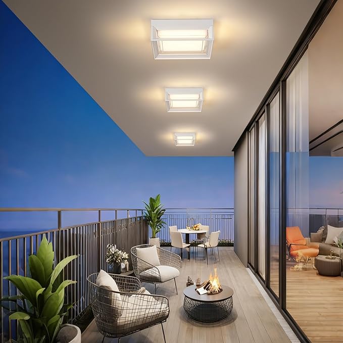 White Square Flush Mount Outdoor LED Ceiling Light Fixture, 120V 24W 3000K 9 inch Medium Overhead Porch & Patio Lights Ceiling Mounted, Waterproof Suitable for Wet Areas