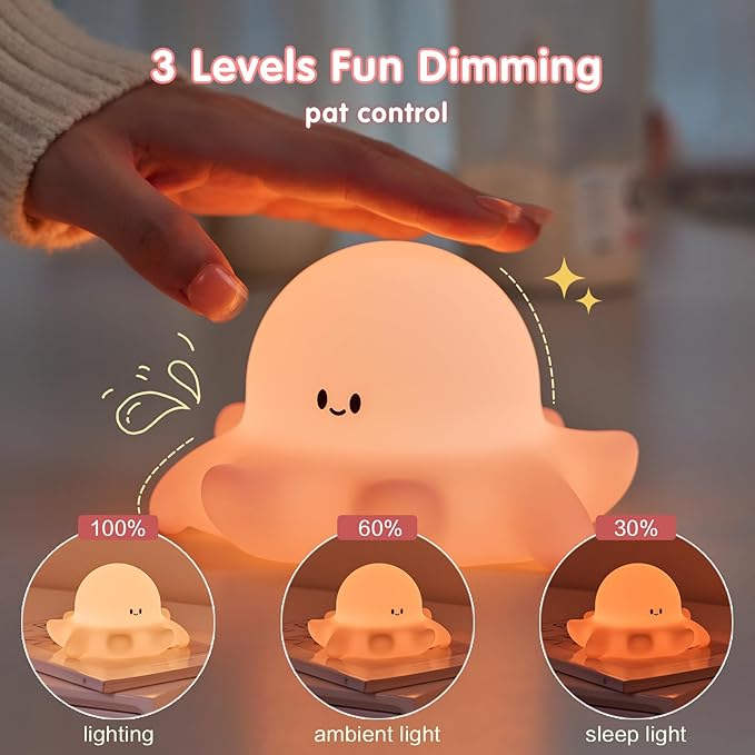 YR YRHH-PET Pink Octopus Night Light,LED Squishy Novelty Animal Cute Lamp, Food Grade Silicone Nightlight, 3 Level Dimmable, Light Up Octopus Decor for Room College Dorm, Boy Girl Gifts