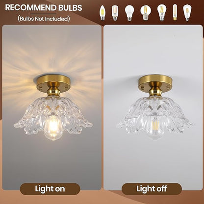 Vintage Flush Mount Ceiling Light with Clear Embossed Glass Shade, Brass Finish Ceiling Light Fixture, Semi Flush Mount Ceiling Light for Hallway Bedroom Entryway.Bulbs Not Included
