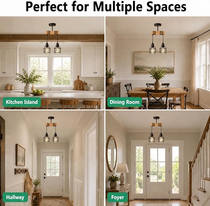 2 Light Farmhouse Ceiling Light,Pendant Light Kitchen Island,Dining Room Chandelier Light Fixture Over Table,Rustic Hanging Light for Kithen,Dining Room,Real Wood,Black Metal Cage