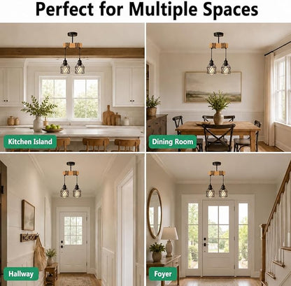 2 Light Farmhouse Ceiling Light,Pendant Light Kitchen Island,Dining Room Chandelier Light Fixture Over Table,Rustic Hanging Light for Kithen,Dining Room,Real Wood,Black Metal Cage