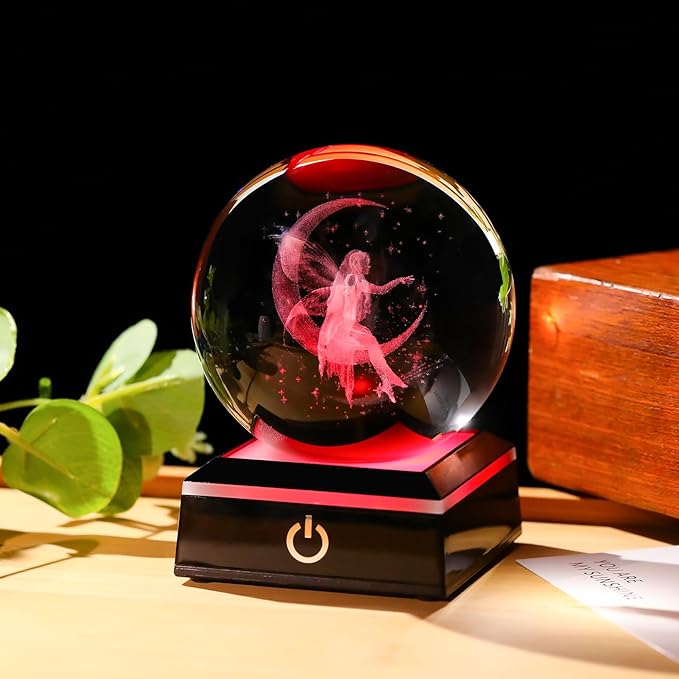 Arikyrist 3D Crystal Ball Moon Fairy Figurine with Colorful LED Base, Fairy Gifts for Women Girls on Christmas Birthday, Fairy Statue Glass Globe Decorative Ball for Home Decor (80mm)