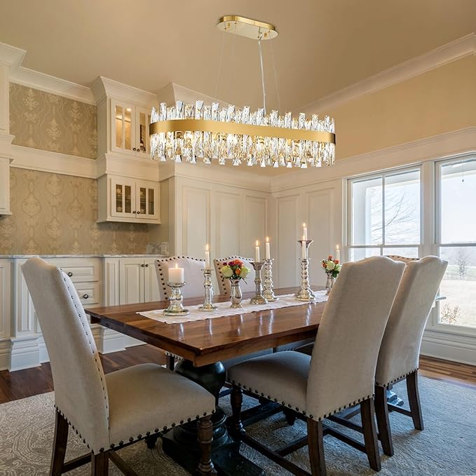Modern Brass Gold Crystal Chandelier, Rectangle K9 Crystal Raindrop Chandelier Lights, Contemporary Ceiling Hanging Light Fixtures for Kitchen Island Dining Room, Length 35.4 inches