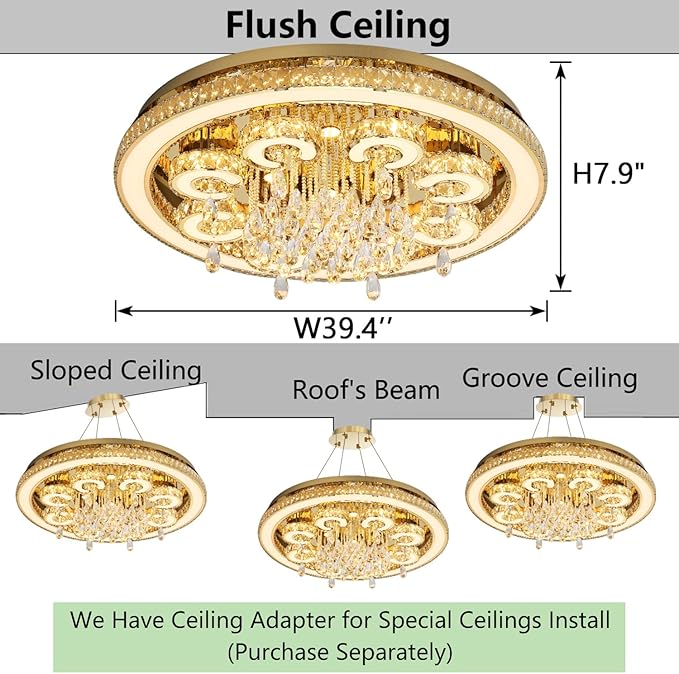 HAIXIANG Modern Glam Chandelier LED Crystal Light Interior Luxury Ceiling Chandeliers Remote Dimmable Lights Fixture 40 Inches Gold Large Size Light