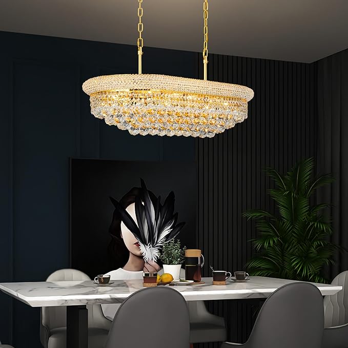 Crystal Chandeliers for Dining Room Light Fixtures Over Table, Modern Crystal Chandeliers for Kitchen lsland, 9 Lights Empire Style Gold Luxury Lighting Fixtures for Living Room Bar L31 Inch