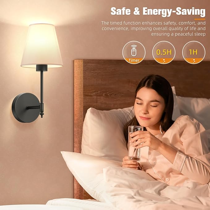 NIORSUN 14.5 inch Battery Operated Wall Sconce Set of 2,Black Rechargeable Wall Lights with 5200mAh Dimmable Detachable Bulbs and Remote,9 Colors Wireless Sconces for Bedroom Living Room Hallway Decor