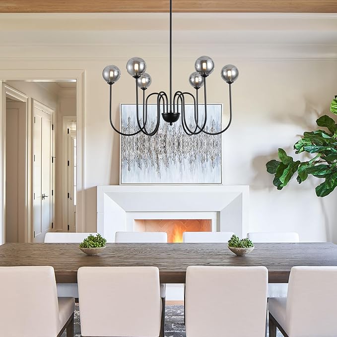 29" Black Modern Glass Chandelier 6-Lights Vintage Farmhouse Chandelier Adjustable Rod Industrial Glass Chandeliers for Dining Room, Bedroom, Kitchen Island, Living Room, Entryway, Hallway, G9