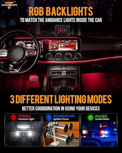Auxbeam 6 Gang Switch Panel RA60 Toggle Momentary Pulsed RGB Dimmable Switch Panel Multifunction Switch Panel Built in Solid State Relay Marine Control Panel Waterproof for Car Boat, 3 Years Warranty