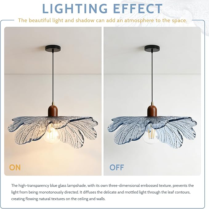 Blue Glass Pendant Light 15.75" Large Flower Petal Hanging Ceiling Light Adjustable 59" Cord with Wood & Metal Accents Modern Statement Chandelier for Dining Room Living Room Foyer