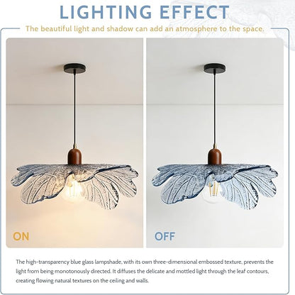 Blue Glass Pendant Light 15.75" Large Flower Petal Hanging Ceiling Light Adjustable 59" Cord with Wood & Metal Accents Modern Statement Chandelier for Dining Room Living Room Foyer