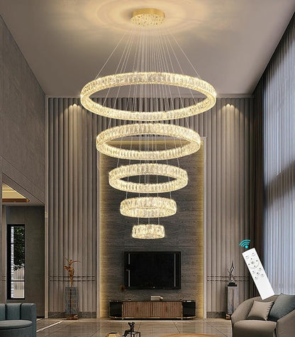 HAIXIANG 5-Rings Modern Chandelier with LED Dimmable Lights Crystal High Ceiling Chandeliers Lighting for Living Room Foyer Entryway Luxury Indoor Light Gold Fixtures