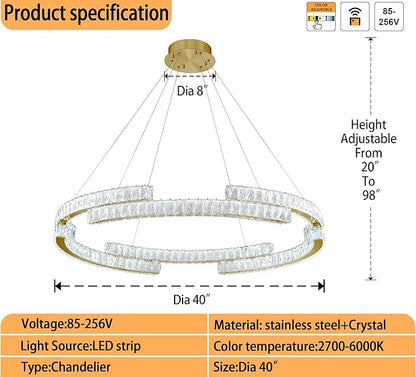 Modern Led Ring Pendant Light Dimmable Crystal Chandelier for Living Room Dining Room Adjustable 40 inch Gold