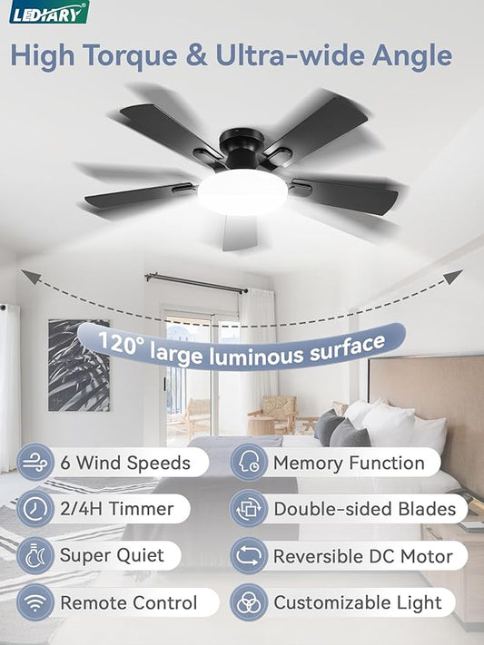 42 Inch Ceiling Fan with Lights and Remote, 30W 12" LED Panel Flush Mount Ceiling Fan, 6-Speed Quiet DC Motor Modern Low Profile Ceiling Fan with Reversible Blades for Bedroom, Bedroom, Patio