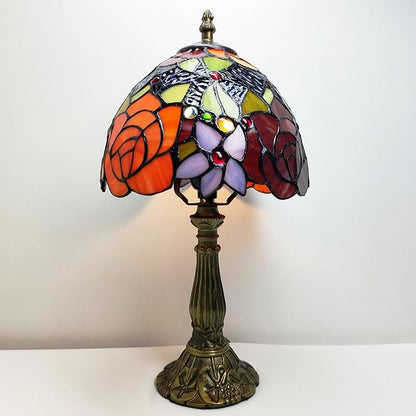 Small Tiffany Table Lamp 8 Inch Tiffany Style Desk Lamp Stained Glass Antique Light Decoration Bedroom Bedside Lamp Retro Reading Lamps (Red Roses Flowers Style)