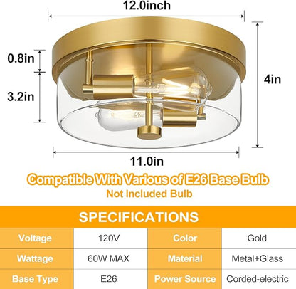 szzgco Flush Mount Ceiling Light Fixtures, 2-Light Gold Ceiling Mount for Farmhouse with Clear Glass Lampshade, Industrial Flush Mount Light Fixture Farmhouse for Hallway, Kitchen, Entryway and Foyer