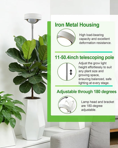 yadoker Plant Grow Light, LED Growing Light Full Spectrum for Indoor Plants,White Magnifying Glass Plant Lights,Height Adjustable, Automatic Timer, 5V Low Safe Voltage,Idea for Large