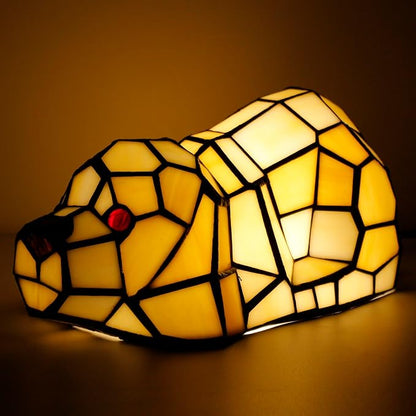 Small Tiffany Lamp Stained Glass Animal Table Lamp Mini Accent Desk Light (Amber White Dog)