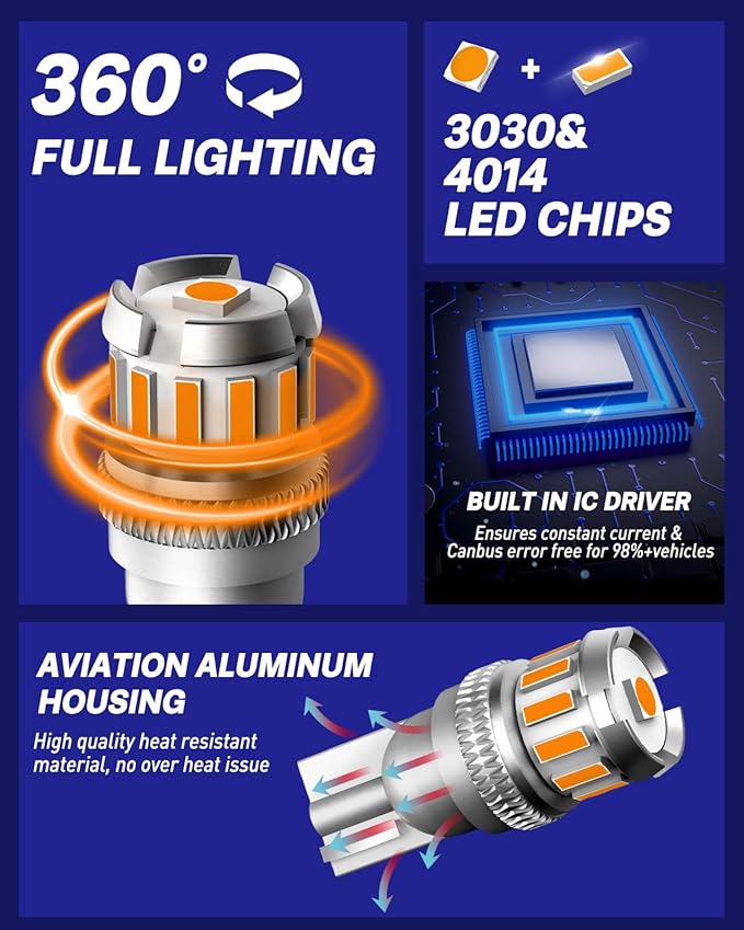 AUTOONE 194 LED Bulb Amber Yellow, Side Marker Lights 300% Brighter T10 168 2825 W5W LED Bulbs for License Plate Light Dome Map Door Courtesy Interior Car Lights, Pack of 2