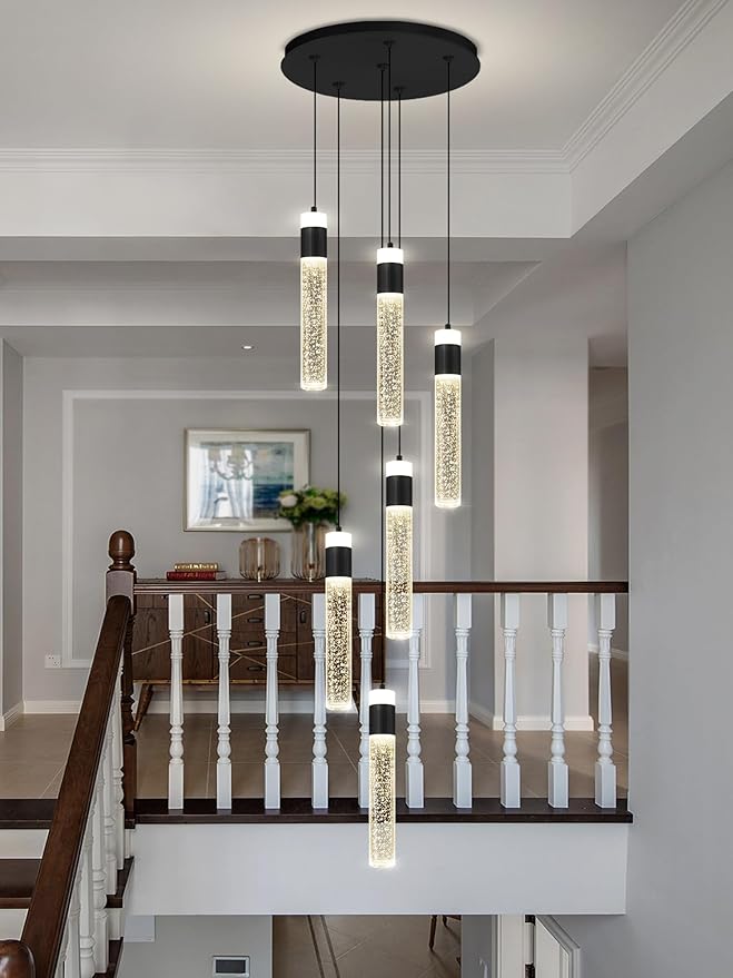 6-Lights Modern Crystal Column Chandelier for Living Room Foyer Long Crytsal Chandeliers Pendant Lighting Flush Mount Hanging Light Fixture for Living Room Foyer Entryway