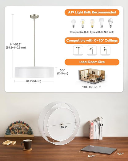 VONLUCE Drum Chandelier, 20.1" 3-Light Modern Chandelier with 2-Tier Fabric Lampshade, Modern Ceiling Light Fixture for Dining Room Bedroom Living Room with E26 Sockets, Nickel Finish, ETL Certified