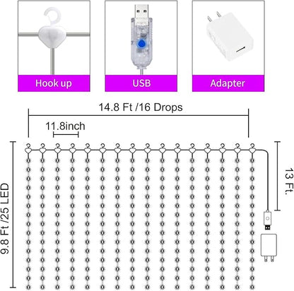 16 Colors Changing Curtain Lights - 400 LED 14.8 X 9.8 FT Fairy String, 7 Modes Twinkle with Remote, Backdrop Wall Hanging Dripping for Bedroom Backyard Halloween Christmas Decor