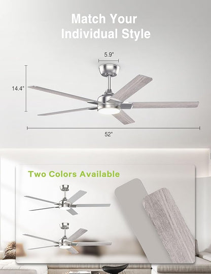 DAMINY 52 inch Nickel Ceiling Fans with Lights,5 Blades,6CCT, Low Profile,Remote Control,for Bedroom, Kitchen,Living Room,Indoor/Outdoor Use,Downrod