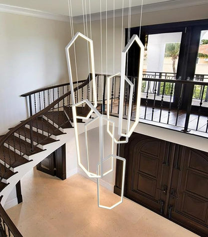 6 Rings Modern Chandelier LED Dimmable Long Large High Ceiling Chandelier Adjust Flush Mount Ceiling Light for Foyer Lobby Living Room Staircaes Sliver