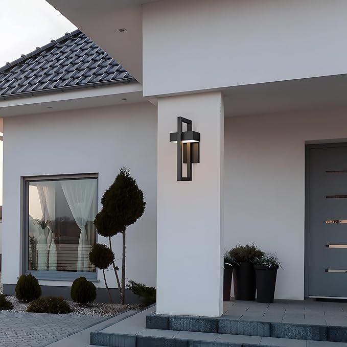 Krychiler 16.5 Inch Contemporary Outdoor Wall Lights with 3000K Integrated LED, 2 Packs Matte Black Metal Modern Exterior Lighting Fixtures Outside Wall Mount, for House Porch Patio Garage Front Door