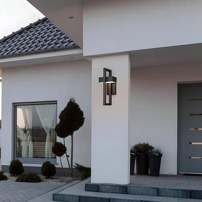 Krychiler 16.5 Inch Contemporary Outdoor Wall Lights with 3000K Integrated LED, 2 Packs Matte Black Metal Modern Exterior Lighting Fixtures Outside Wall Mount, for House Porch Patio Garage Front Door